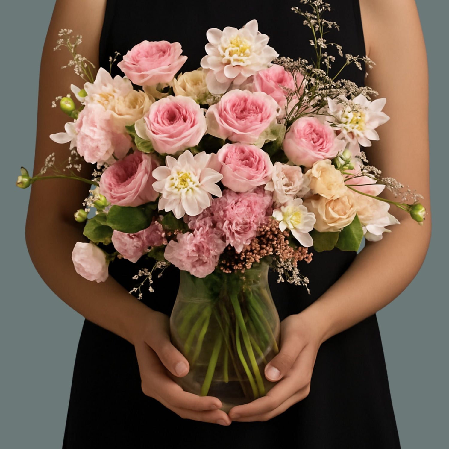 A glass vase filled with a mix of flowers in soft and bright pink. The flowers are roses, lisianthus and dahlias.
