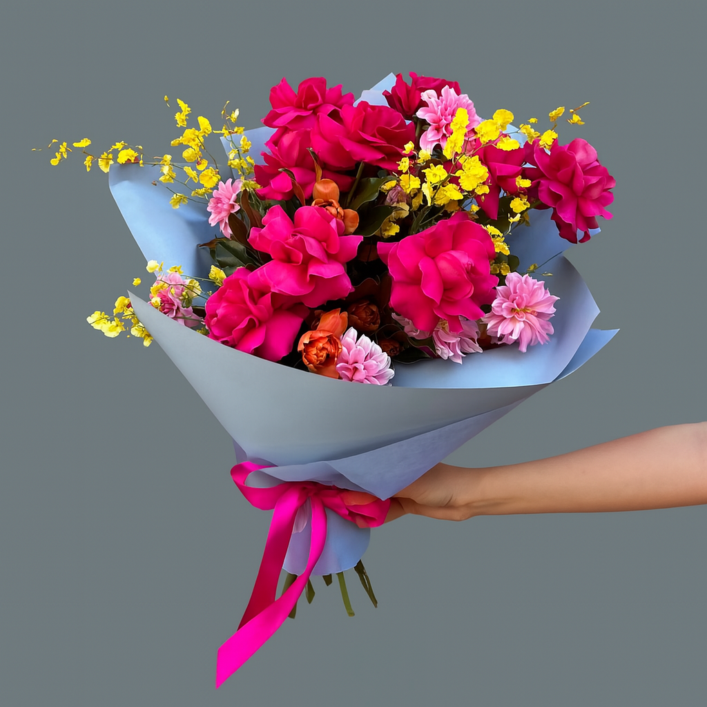 A woman earing black, holding a bouquet of Australian native wildflowers  in a bouquet.
